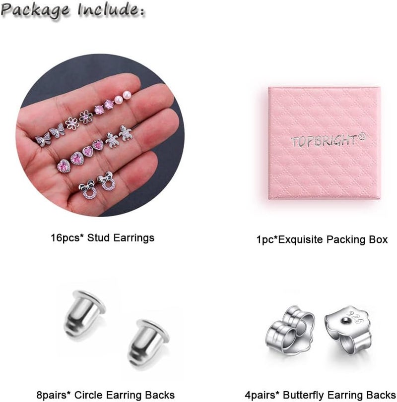 TOP BRIGHT 8 Pairs Hypoallergenic Earrings 925 Sterling Silver Stud Earrings Heart CZ Tiny Butterfly For Kids, Toddlers, Little Girls, Teens, Women - Image 2